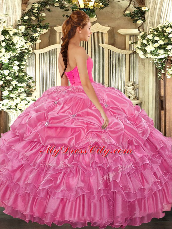 Rose Pink Lace Up 15th Birthday Dress Beading and Ruffled Layers Sleeveless Floor Length