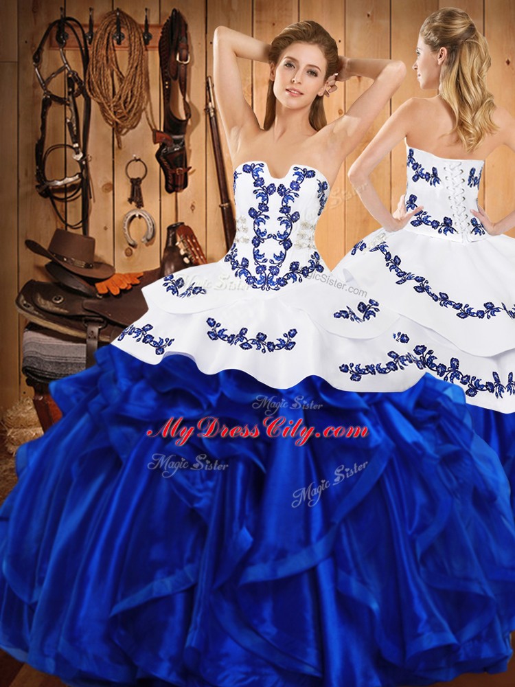 New Arrival Satin and Organza Strapless Sleeveless Lace Up Embroidery and Ruffles Sweet 16 Dress in Royal Blue