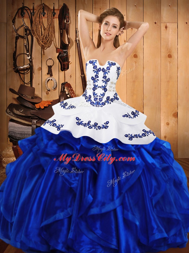 New Arrival Satin and Organza Strapless Sleeveless Lace Up Embroidery and Ruffles Sweet 16 Dress in Royal Blue