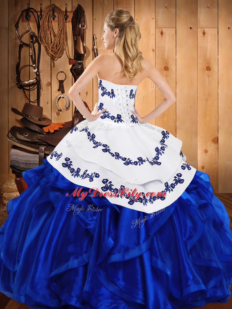 New Arrival Satin and Organza Strapless Sleeveless Lace Up Embroidery and Ruffles Sweet 16 Dress in Royal Blue