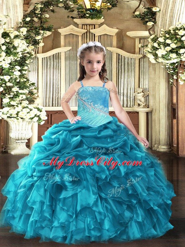 Teal Ball Gowns Organza Straps Sleeveless Embroidery and Ruffles Floor Length Lace Up Pageant Dresses