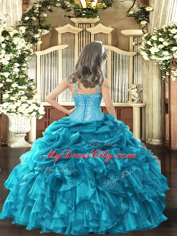 Teal Ball Gowns Organza Straps Sleeveless Embroidery and Ruffles Floor Length Lace Up Pageant Dresses