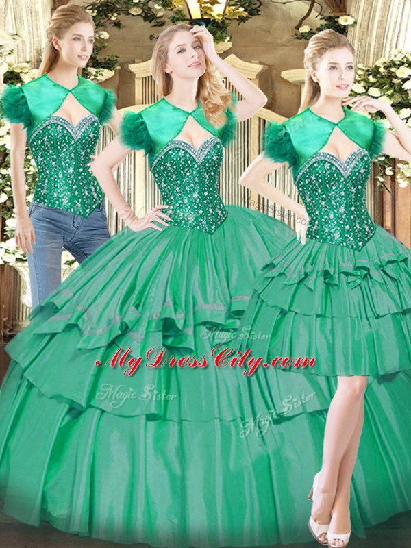 Turquoise Sleeveless Floor Length Beading and Ruffled Layers Lace Up 15 Quinceanera Dress