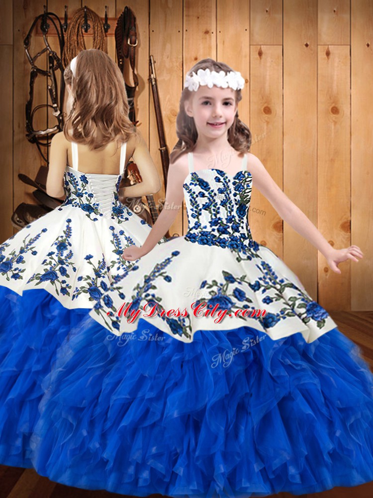 Enchanting Blue And White Sleeveless Floor Length Embroidery and Ruffles Lace Up Kids Formal Wear