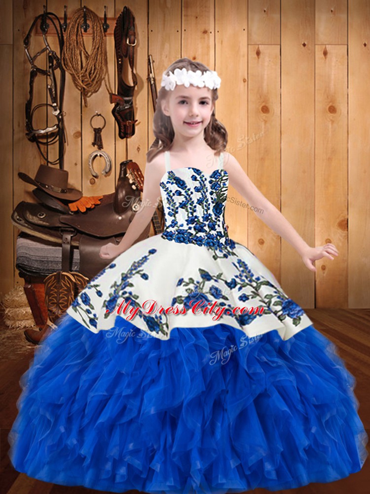 Enchanting Blue And White Sleeveless Floor Length Embroidery and Ruffles Lace Up Kids Formal Wear