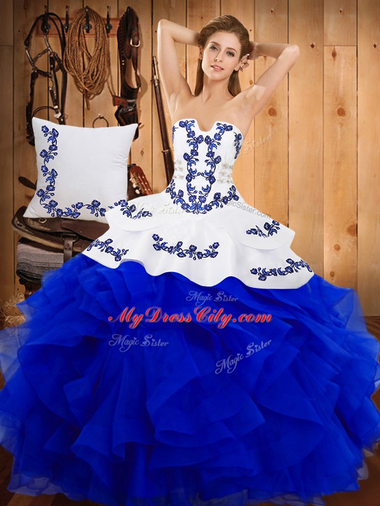 Strapless Sleeveless Vestidos de Quinceanera Floor Length Embroidery Blue Satin and Organza