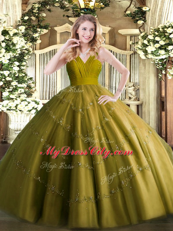 Ball Gowns Vestidos de Quinceanera Olive Green V-neck Tulle Sleeveless Floor Length Zipper