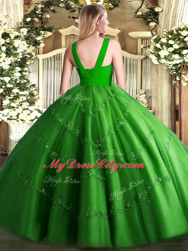 Ball Gowns Vestidos de Quinceanera Olive Green V-neck Tulle Sleeveless Floor Length Zipper