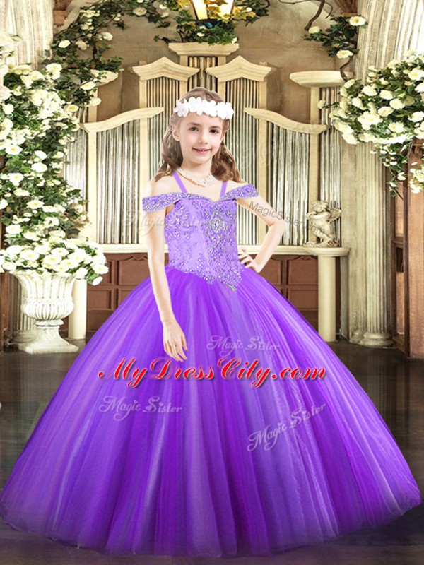 Enchanting Lavender Ball Gowns Tulle Off The Shoulder Sleeveless Beading Floor Length Lace Up Little Girls Pageant Gowns