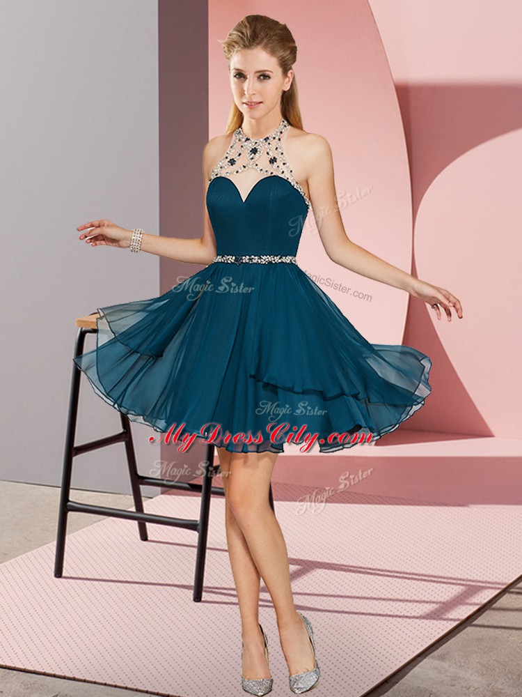 Pretty Mini Length Navy Blue Prom Party Dress Halter Top Sleeveless Zipper