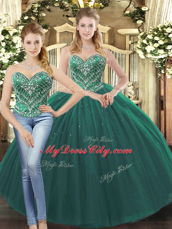 Tulle Sleeveless Floor Length 15 Quinceanera Dress and Beading