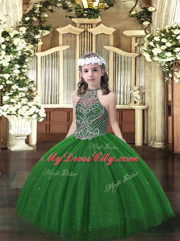 Dark Green Tulle Lace Up Halter Top Sleeveless Floor Length Little Girls Pageant Gowns Beading