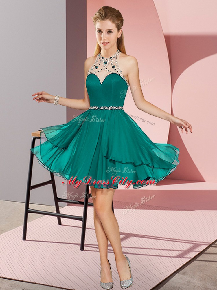 Dynamic Turquoise Sleeveless Beading Mini Length Evening Dress