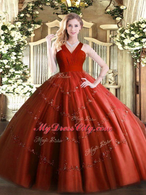 Rust Red Ball Gowns V-neck Sleeveless Tulle Floor Length Zipper Beading Quinceanera Dresses