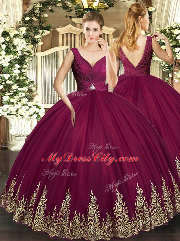 Affordable Burgundy Sleeveless Tulle Backless Sweet 16 Dress for Sweet 16 and Quinceanera