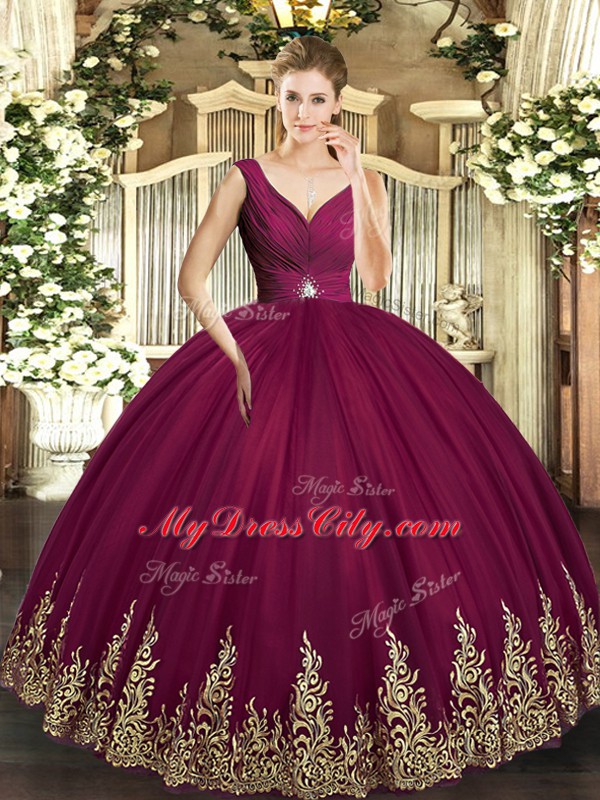 Affordable Burgundy Sleeveless Tulle Backless Sweet 16 Dress for Sweet 16 and Quinceanera