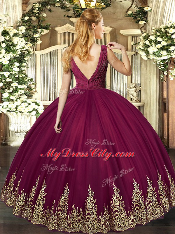 Affordable Burgundy Sleeveless Tulle Backless Sweet 16 Dress for Sweet 16 and Quinceanera