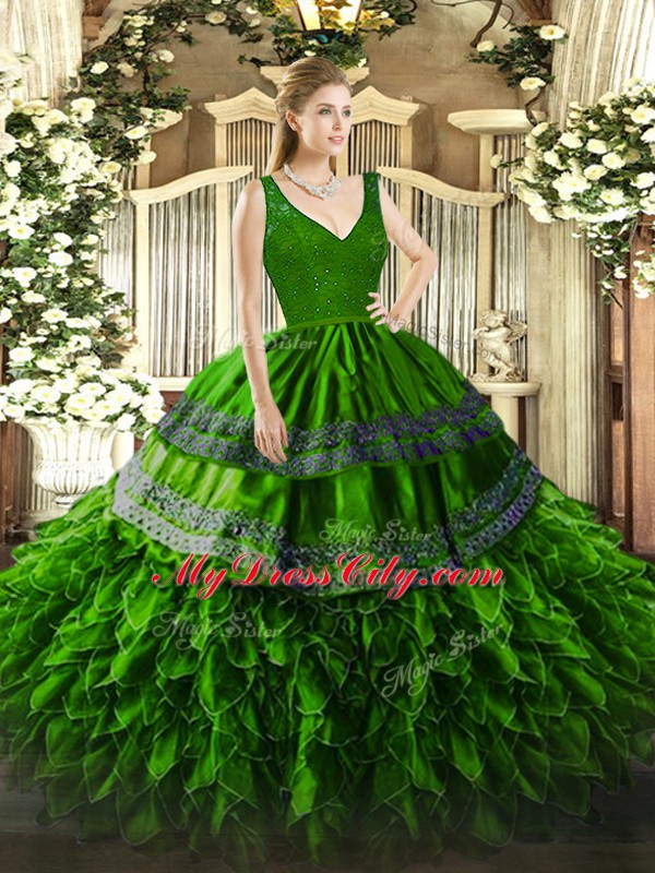 Lovely Green Organza Backless V-neck Sleeveless Floor Length Sweet 16 Quinceanera Dress Beading and Lace and Ruffles