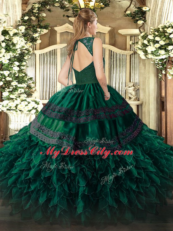 Lovely Green Organza Backless V-neck Sleeveless Floor Length Sweet 16 Quinceanera Dress Beading and Lace and Ruffles