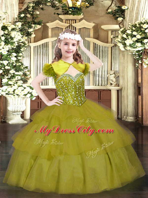 Custom Fit Sleeveless Floor Length Beading and Ruffled Layers Lace Up Pageant Dress Wholesale with Olive Green