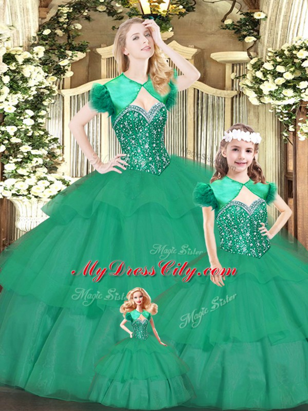 Sexy Green Organza Lace Up Sweet 16 Dress Sleeveless Floor Length Beading and Ruffled Layers