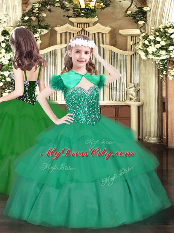 Sexy Green Organza Lace Up Sweet 16 Dress Sleeveless Floor Length Beading and Ruffled Layers