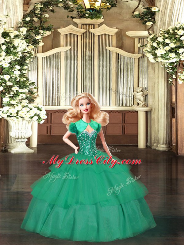 Sexy Green Organza Lace Up Sweet 16 Dress Sleeveless Floor Length Beading and Ruffled Layers