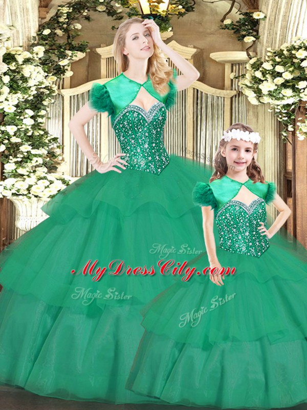 Sexy Green Organza Lace Up Sweet 16 Dress Sleeveless Floor Length Beading and Ruffled Layers