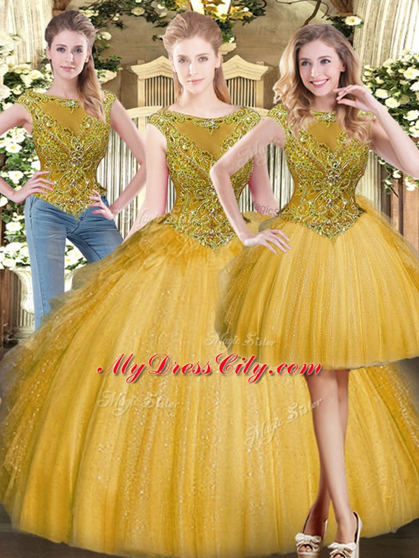 Affordable Gold Sleeveless Tulle Zipper Quinceanera Dresses for Military Ball and Sweet 16 and Quinceanera