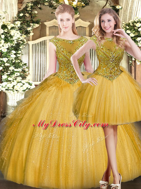 Affordable Gold Sleeveless Tulle Zipper Quinceanera Dresses for Military Ball and Sweet 16 and Quinceanera