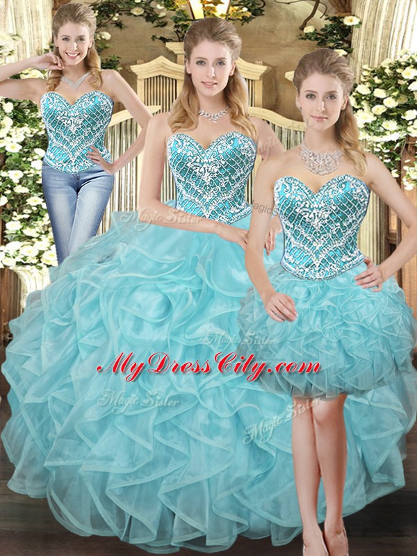 Aqua Blue Quinceanera Gowns Military Ball and Sweet 16 and Quinceanera with Beading and Ruffles Sweetheart Sleeveless Lace Up