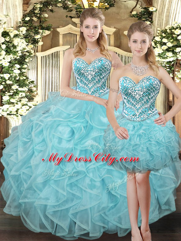 Aqua Blue Quinceanera Gowns Military Ball and Sweet 16 and Quinceanera with Beading and Ruffles Sweetheart Sleeveless Lace Up