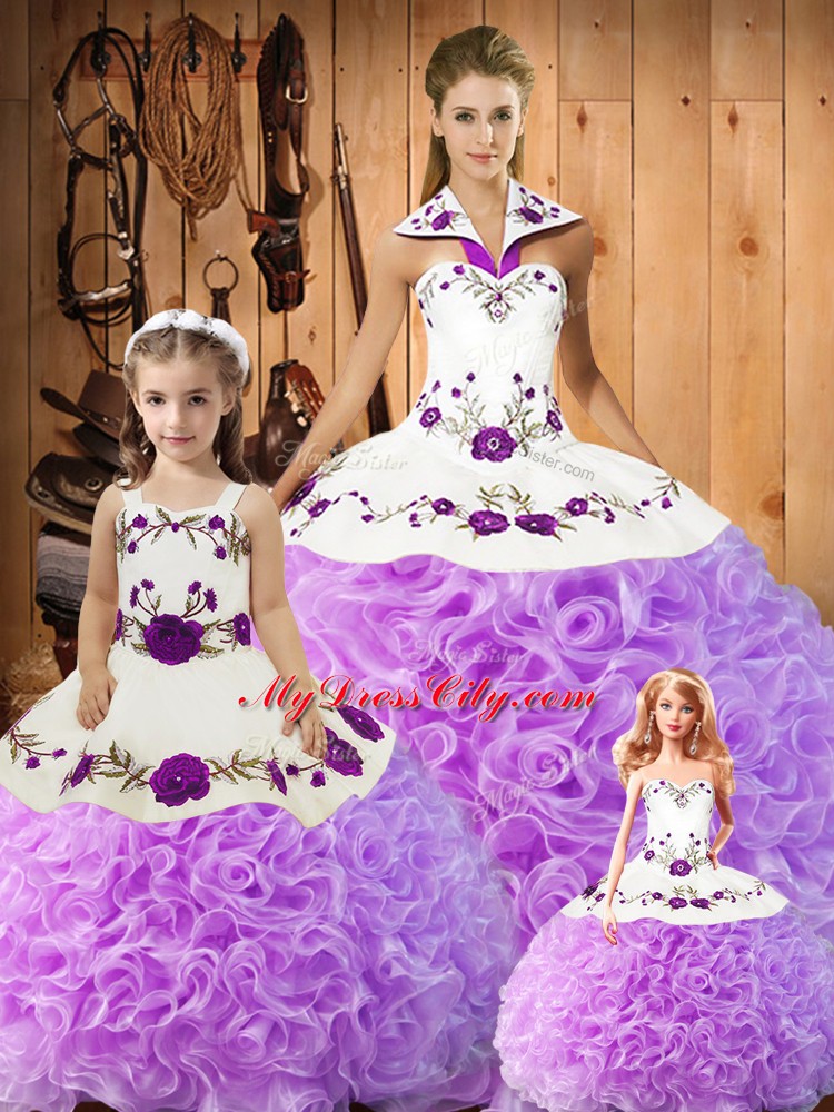 High Class Ball Gowns Quinceanera Dresses Lilac Halter Top Satin and Fabric With Rolling Flowers Sleeveless Floor Length Lace Up