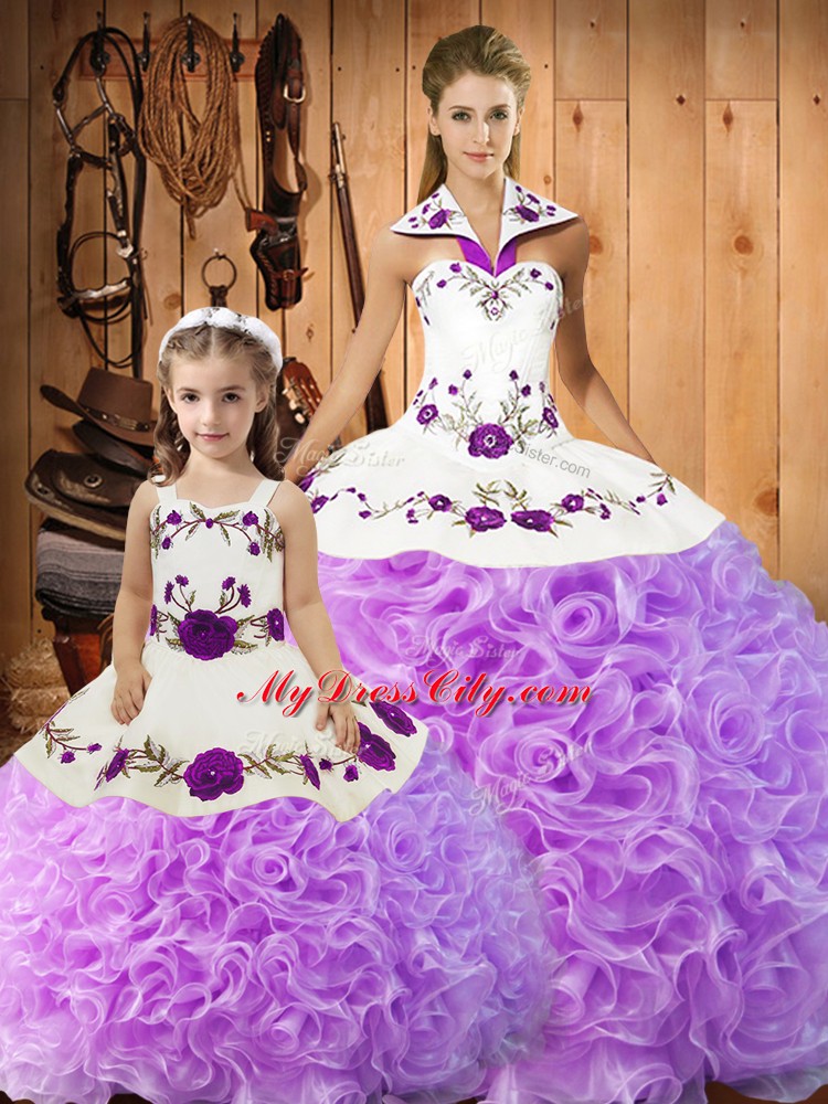 High Class Ball Gowns Quinceanera Dresses Lilac Halter Top Satin and Fabric With Rolling Flowers Sleeveless Floor Length Lace Up