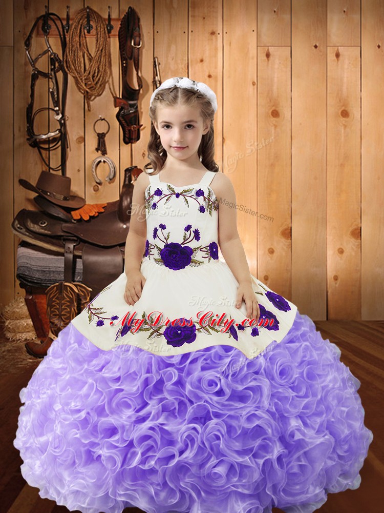 High Class Lavender Sleeveless Floor Length Embroidery and Ruffles Lace Up Evening Gowns