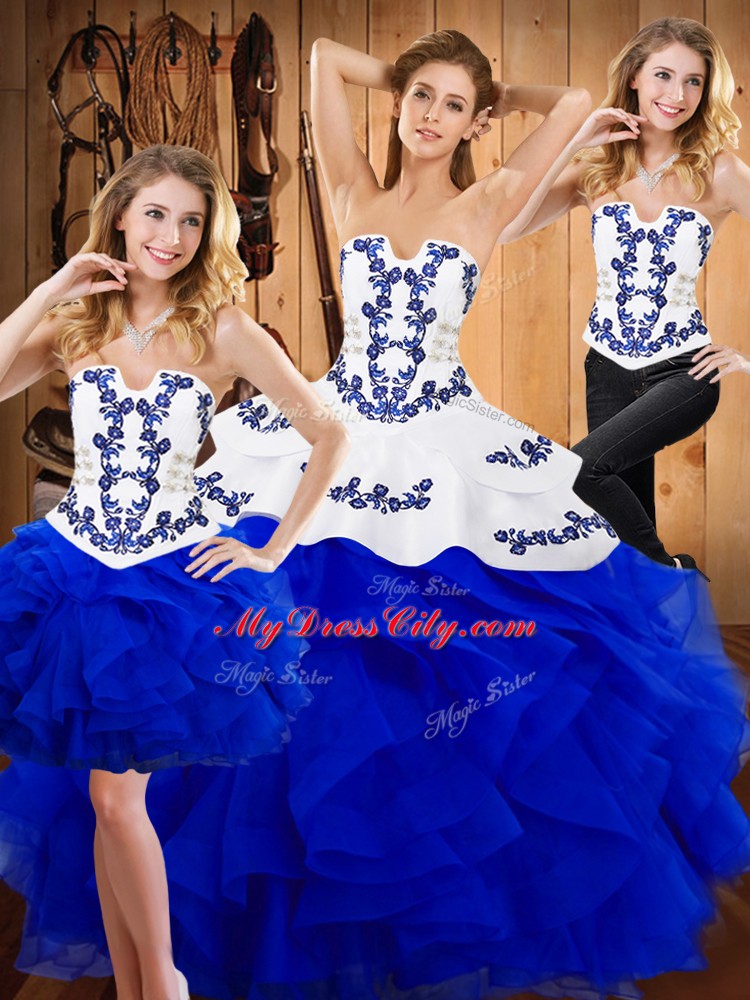 Blue Satin and Organza Lace Up 15 Quinceanera Dress Sleeveless Floor Length Embroidery and Ruffles