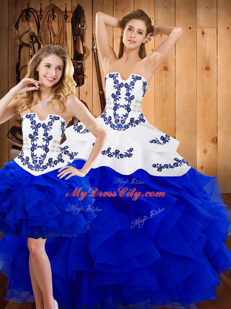 Blue Satin and Organza Lace Up 15 Quinceanera Dress Sleeveless Floor Length Embroidery and Ruffles