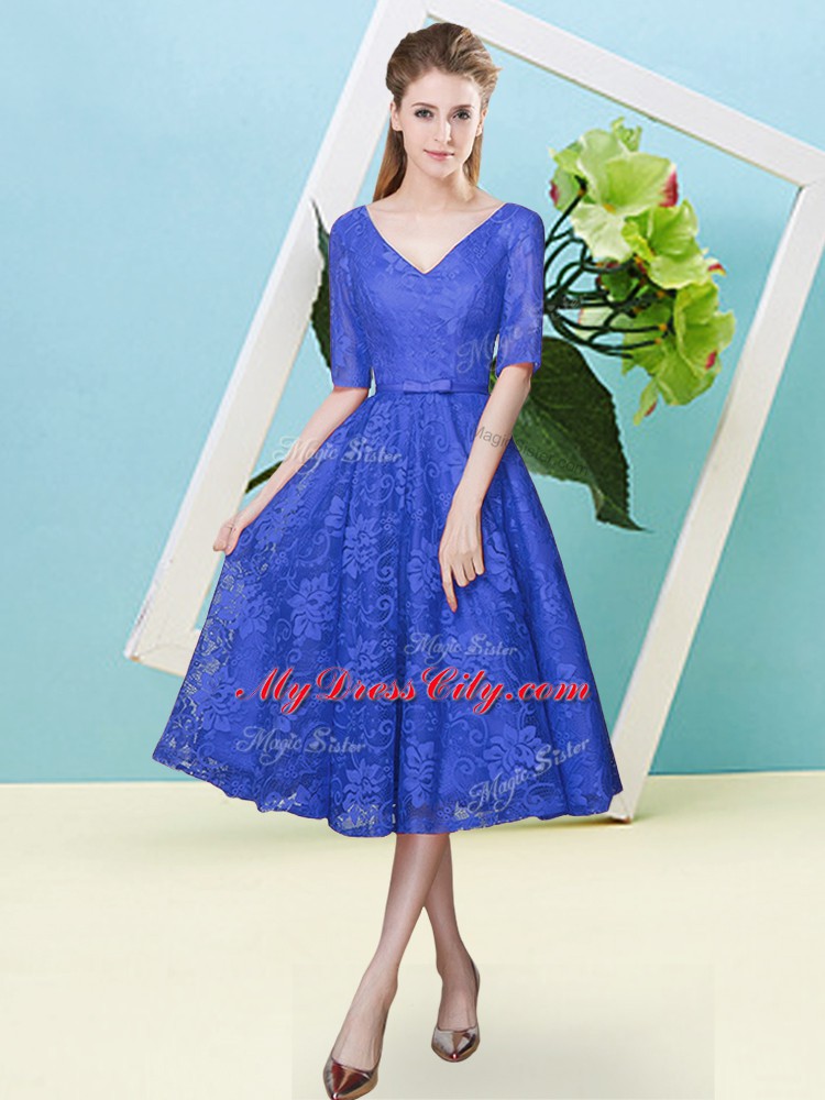 V-neck Half Sleeves Lace Up Bridesmaid Dresses Royal Blue Lace