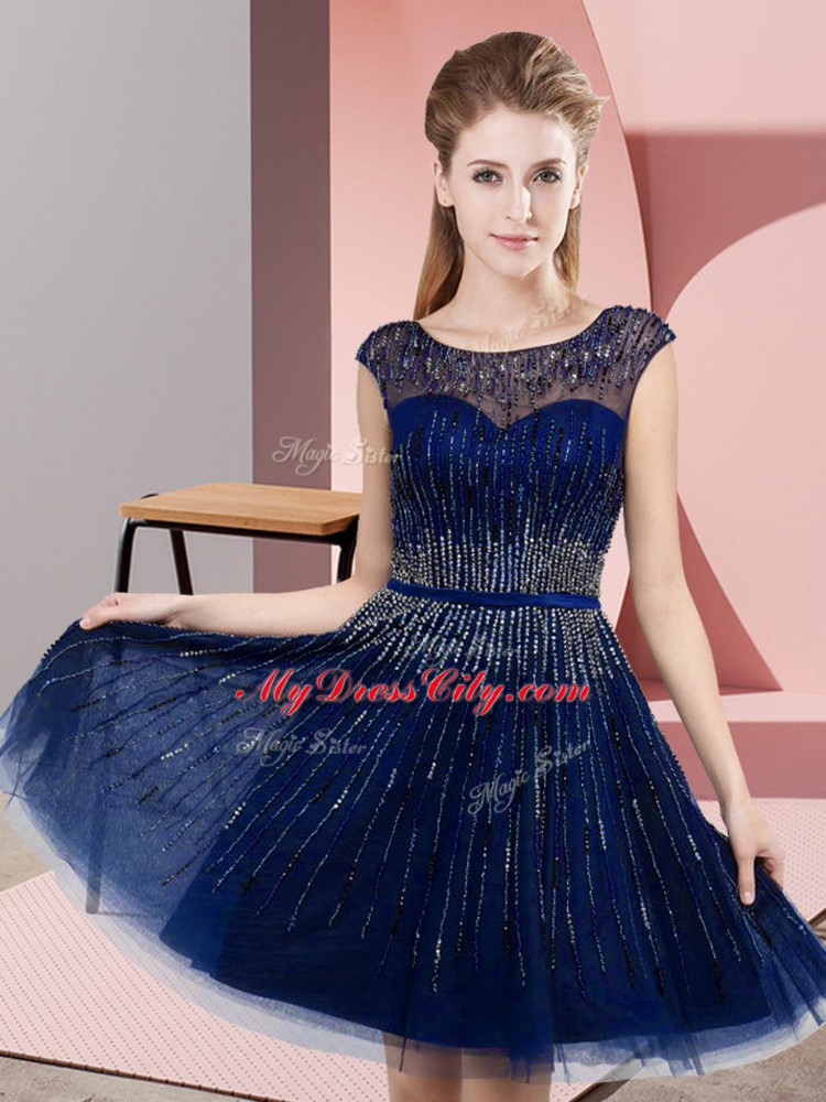 Smart Scoop Sleeveless Evening Dress Knee Length Beading Royal Blue Tulle