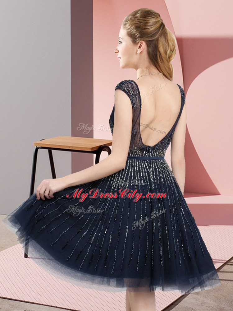 Smart Scoop Sleeveless Evening Dress Knee Length Beading Royal Blue Tulle