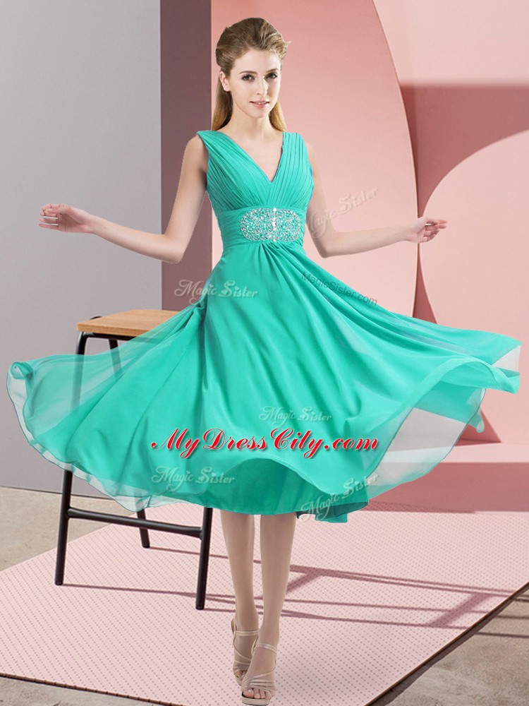 Popular Teal Empire V-neck Sleeveless Chiffon Knee Length Side Zipper Beading Wedding Party Dress