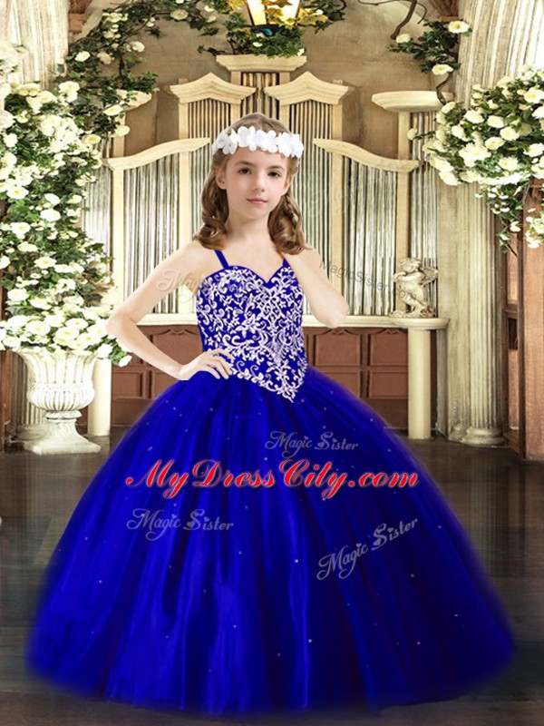 Luxurious Ball Gowns Child Pageant Dress Royal Blue V-neck Tulle Sleeveless Floor Length Lace Up