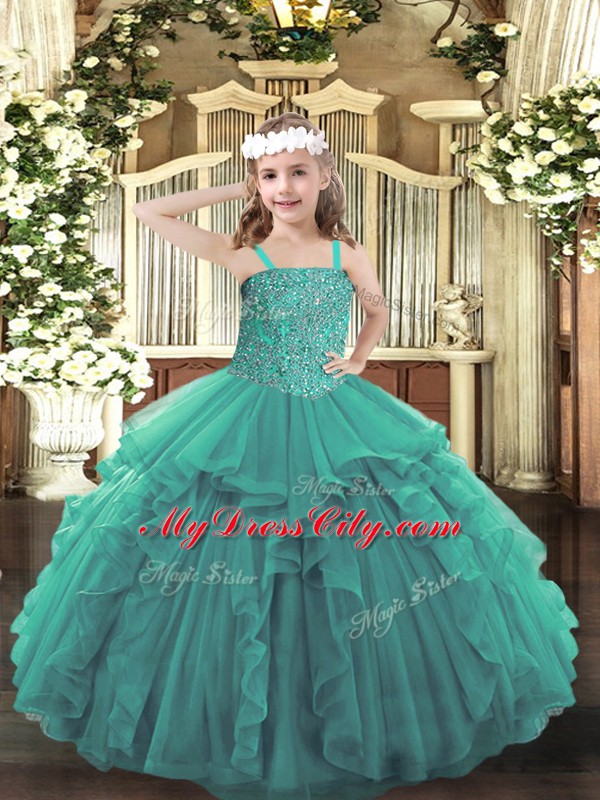 Charming Turquoise Ball Gowns Straps Sleeveless Tulle Floor Length Lace Up Beading and Ruffles Custom Made Pageant Dress