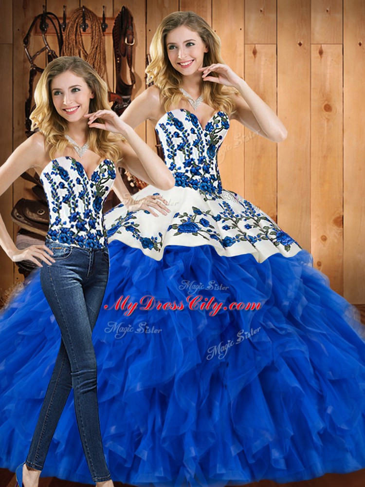 Edgy Blue Lace Up Sweet 16 Quinceanera Dress Embroidery and Ruffles Sleeveless Floor Length