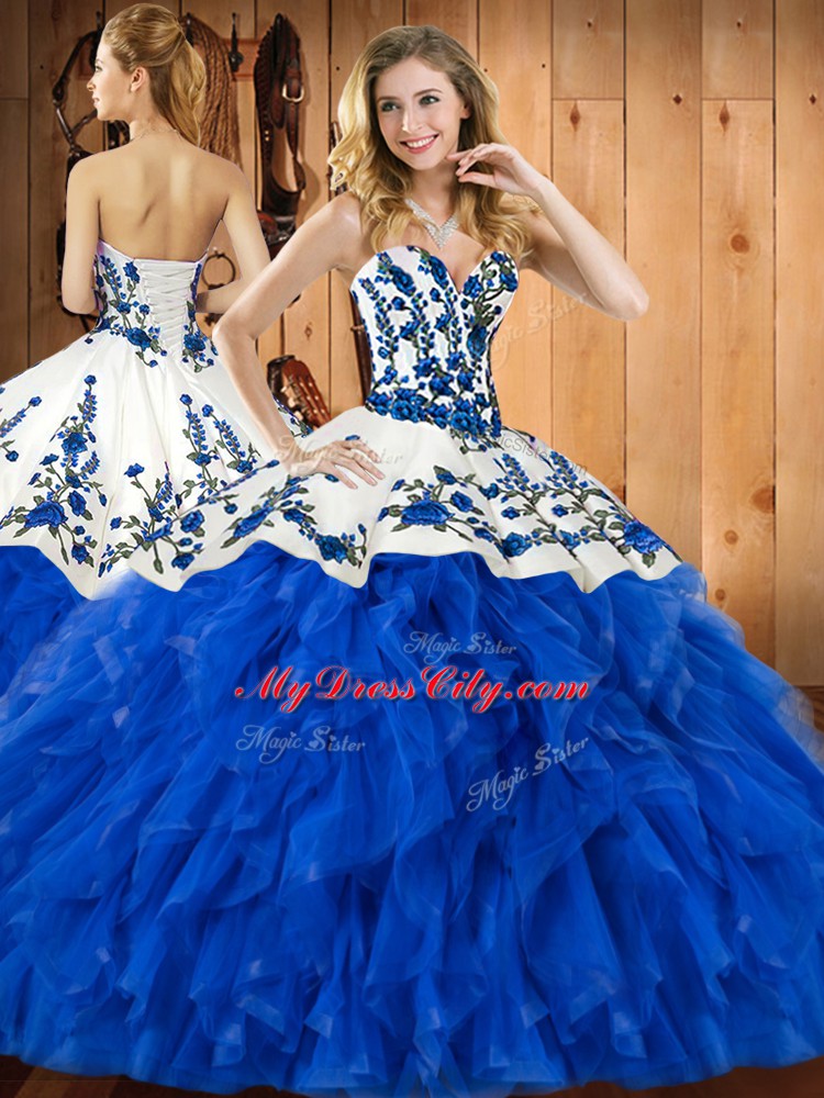 Edgy Blue Lace Up Sweet 16 Quinceanera Dress Embroidery and Ruffles Sleeveless Floor Length