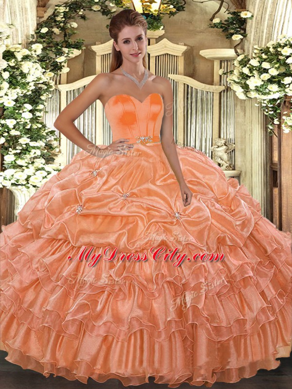 Orange Sleeveless Floor Length Beading and Ruffled Layers Lace Up Quinceanera Gown