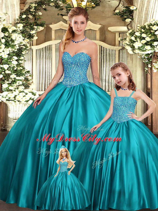 Teal Ball Gowns Sweetheart Sleeveless Organza Floor Length Lace Up Beading 15th Birthday Dress