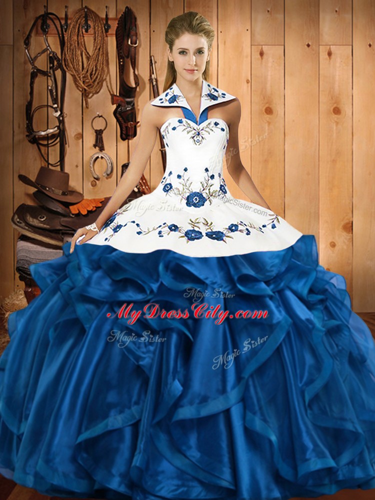 Blue Vestidos de Quinceanera Military Ball and Sweet 16 and Quinceanera with Embroidery and Ruffles Halter Top Sleeveless Lace Up