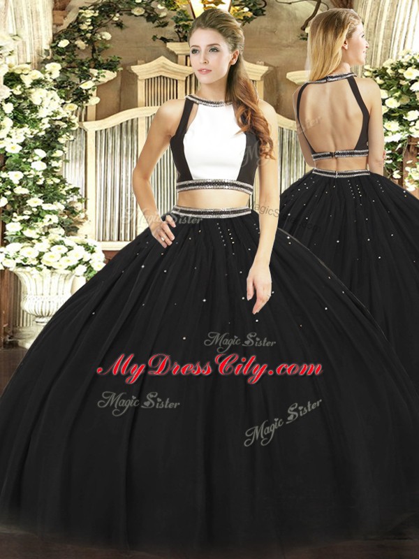 Shining Floor Length Black Quinceanera Gowns Halter Top Sleeveless Backless