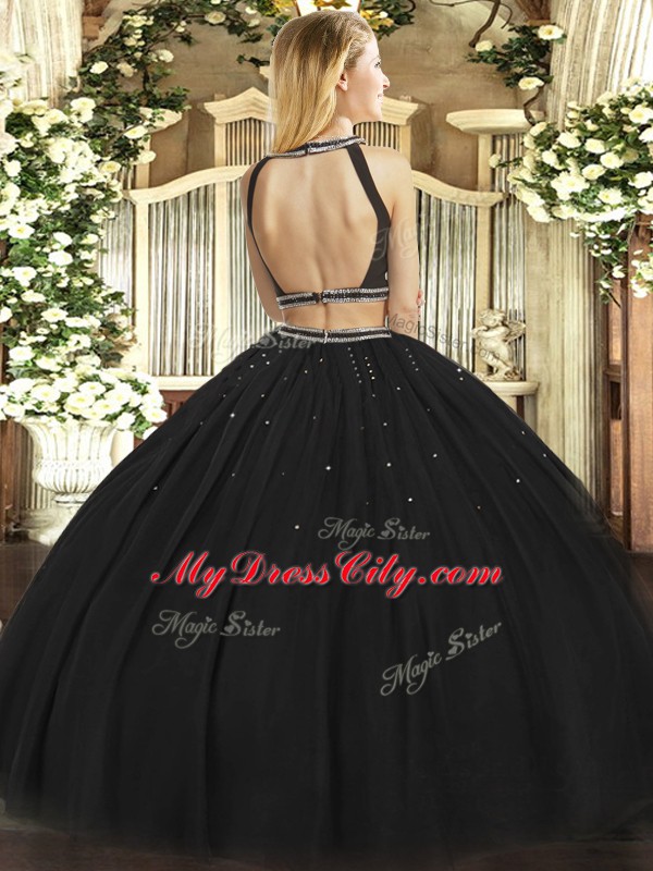 Shining Floor Length Black Quinceanera Gowns Halter Top Sleeveless Backless